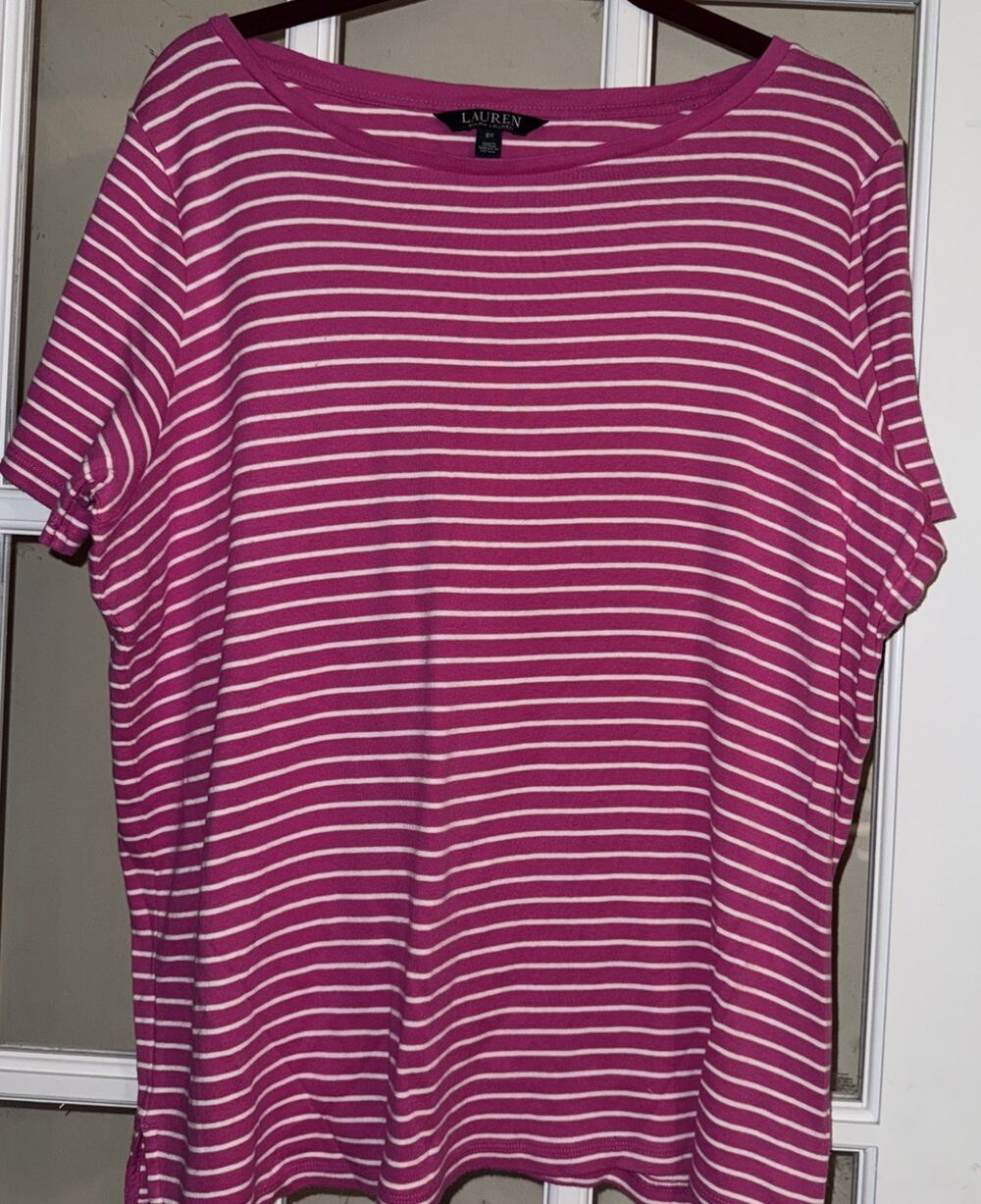 Lauren Ralph Lauren Cotton Basic Shirt RLL Monogram Pocket Pink White Stripe 2X